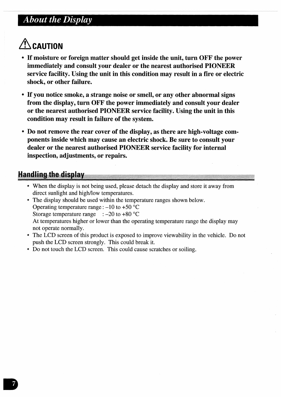 A caution, Caution, About the display | Pioneer AVD-505 User Manual | Page 8 / 110