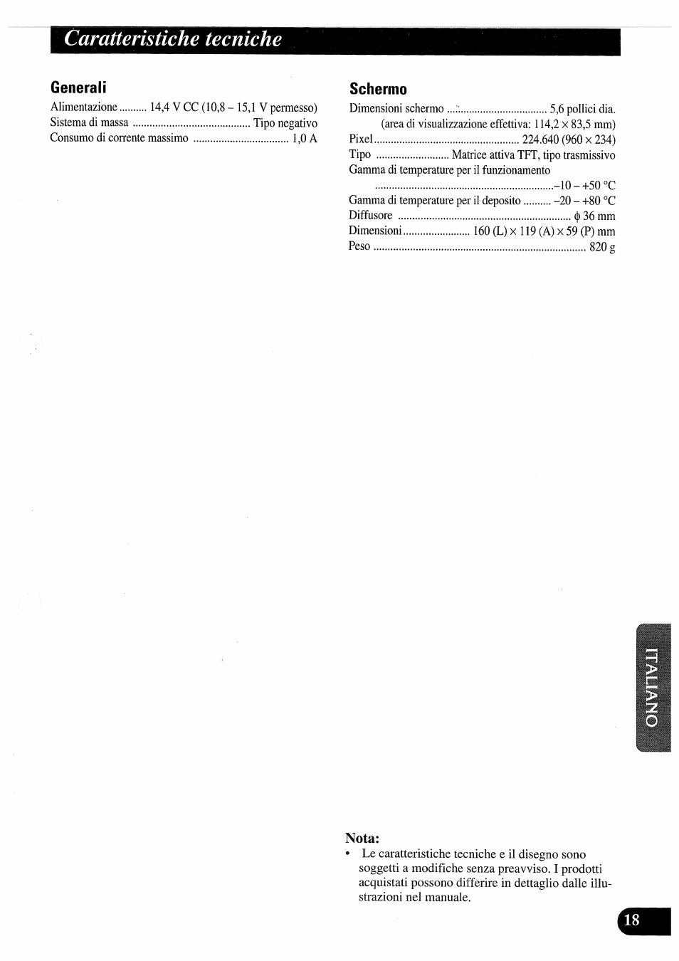 Caratteristiche tecniche, Nota | Pioneer AVD-505 User Manual | Page 91 / 110