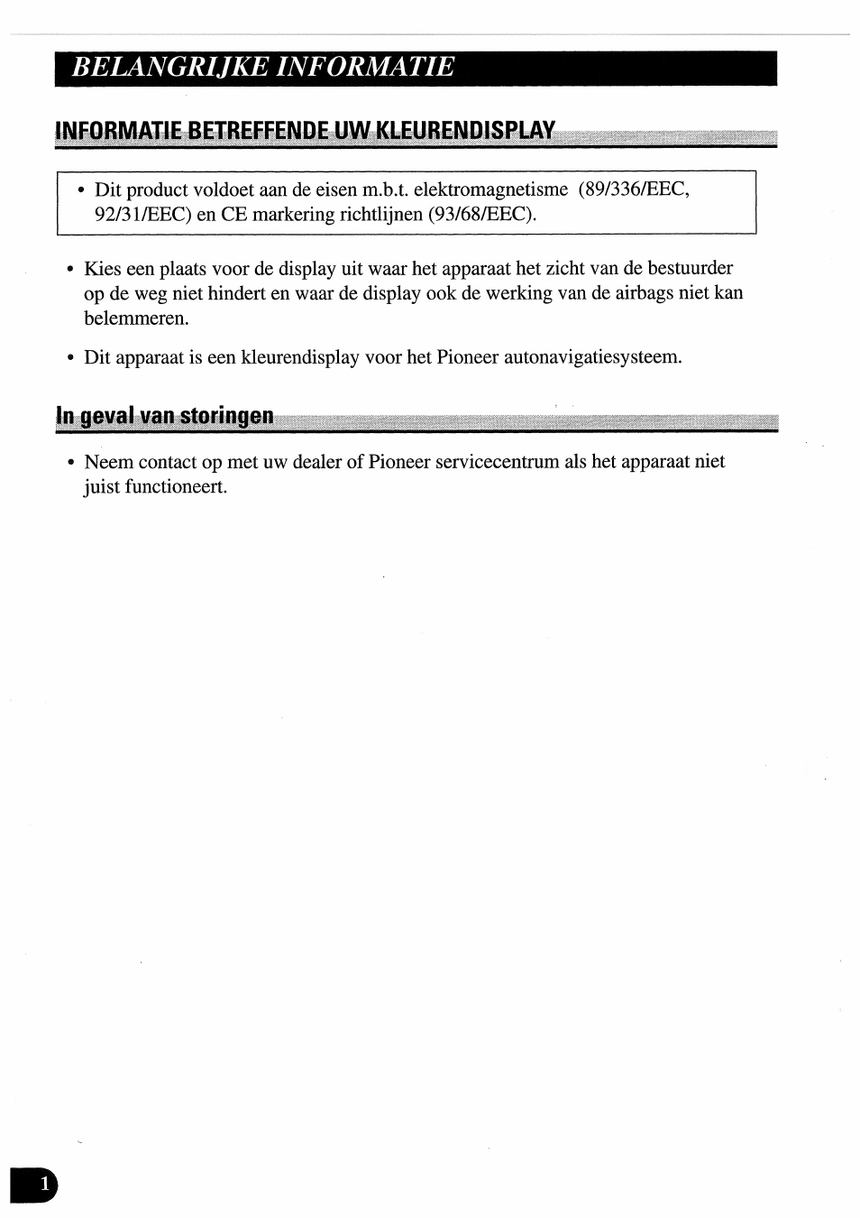 Informatie betreffende uw kleurendisplay, In geval van storingen, Belangrijkeinformatie | Pioneer AVD-505 User Manual | Page 92 / 110