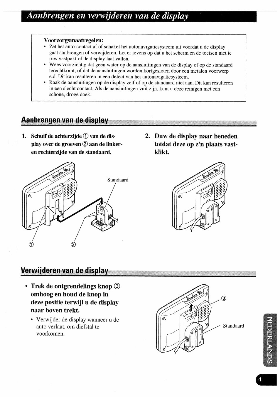 Aanbrengen van de display, Verwilderen van de display, Verwijderen van de display | Behandeling van de display, Aanbrengen en verwijderen van de display | Pioneer AVD-505 User Manual | Page 95 / 110