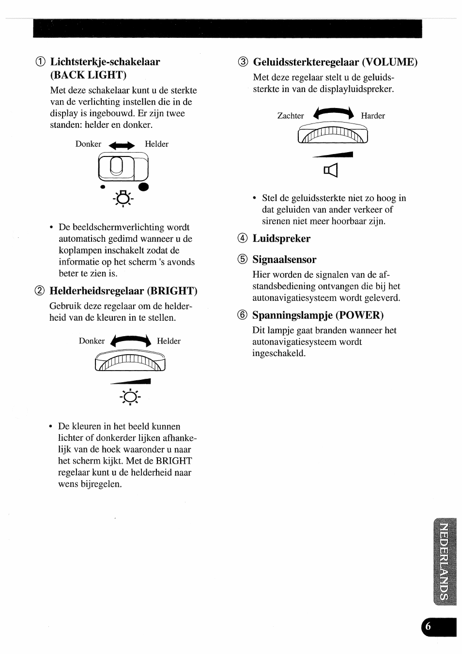 D lichtsterkje-schakelaar (back light), Helderheidsregelaar (bright), Geluidssterkteregelaar (volume) | Luidspreker (d signaalsensor, D spanningslampje (power) | Pioneer AVD-505 User Manual | Page 97 / 110