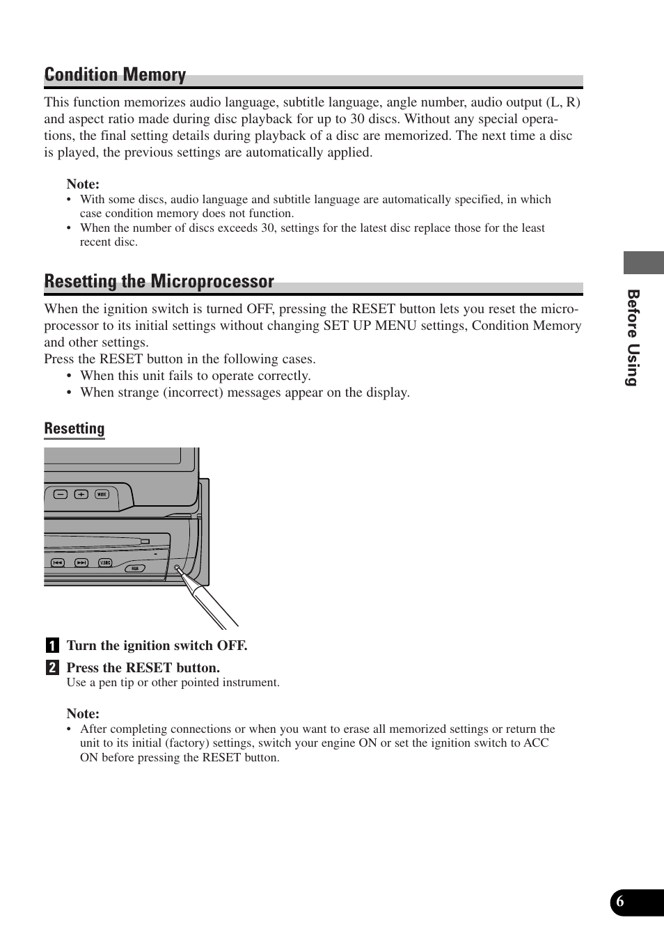 Condition memory, Resetting the microprocessor | Pioneer AVX-P7300DVD User Manual | Page 11 / 80