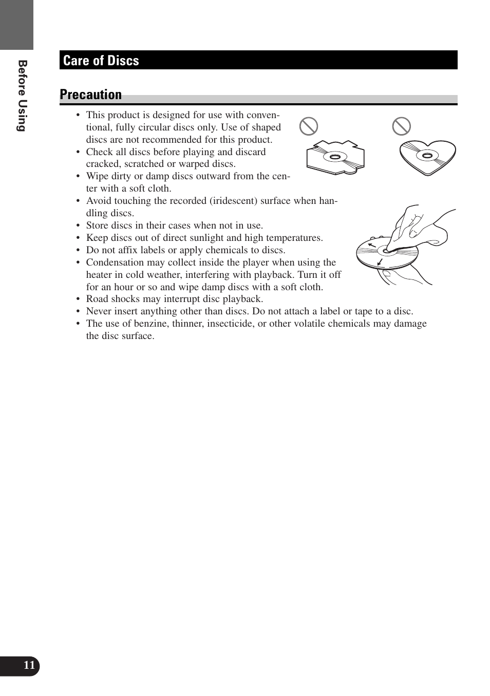 Care of discs, Precaution, Care of discs precaution | Pioneer AVX-P7300DVD User Manual | Page 16 / 80