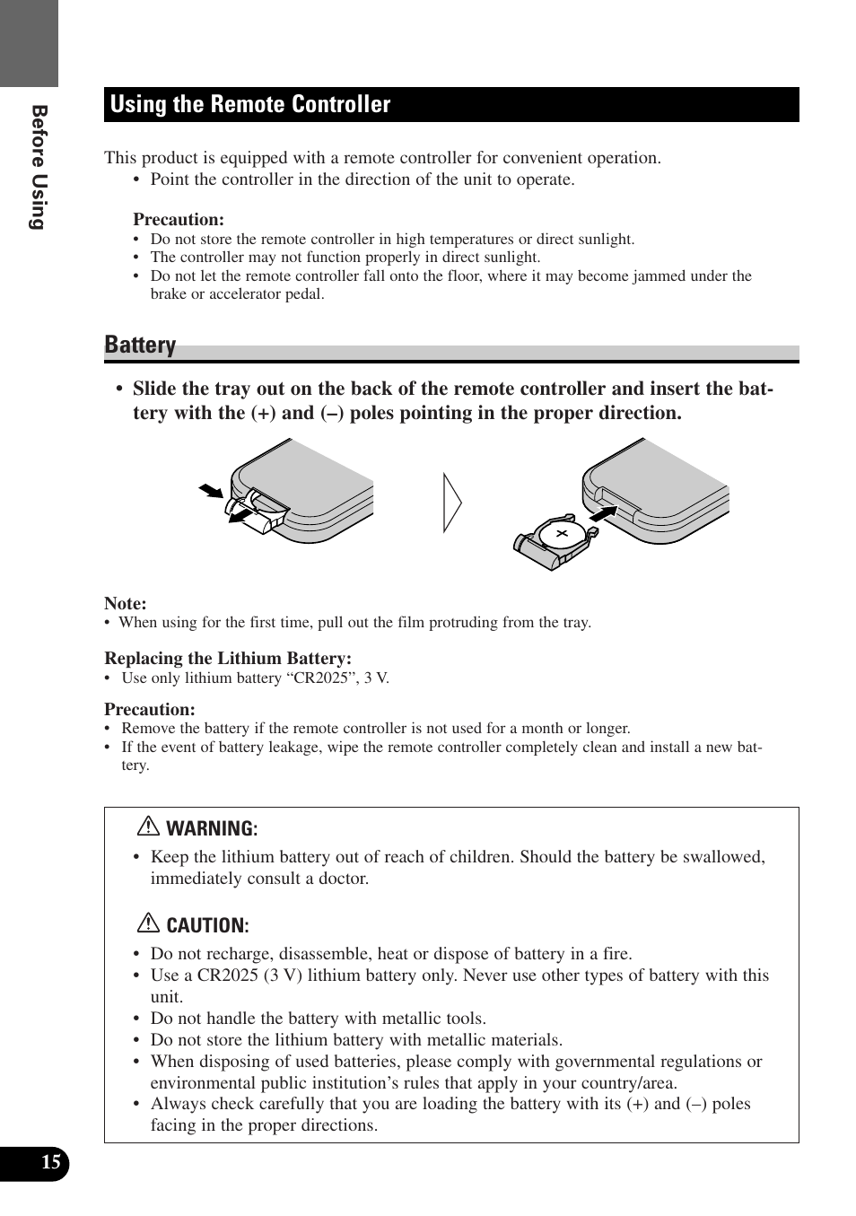 Using the remote controller, Battery | Pioneer AVX-P7300DVD User Manual | Page 20 / 80