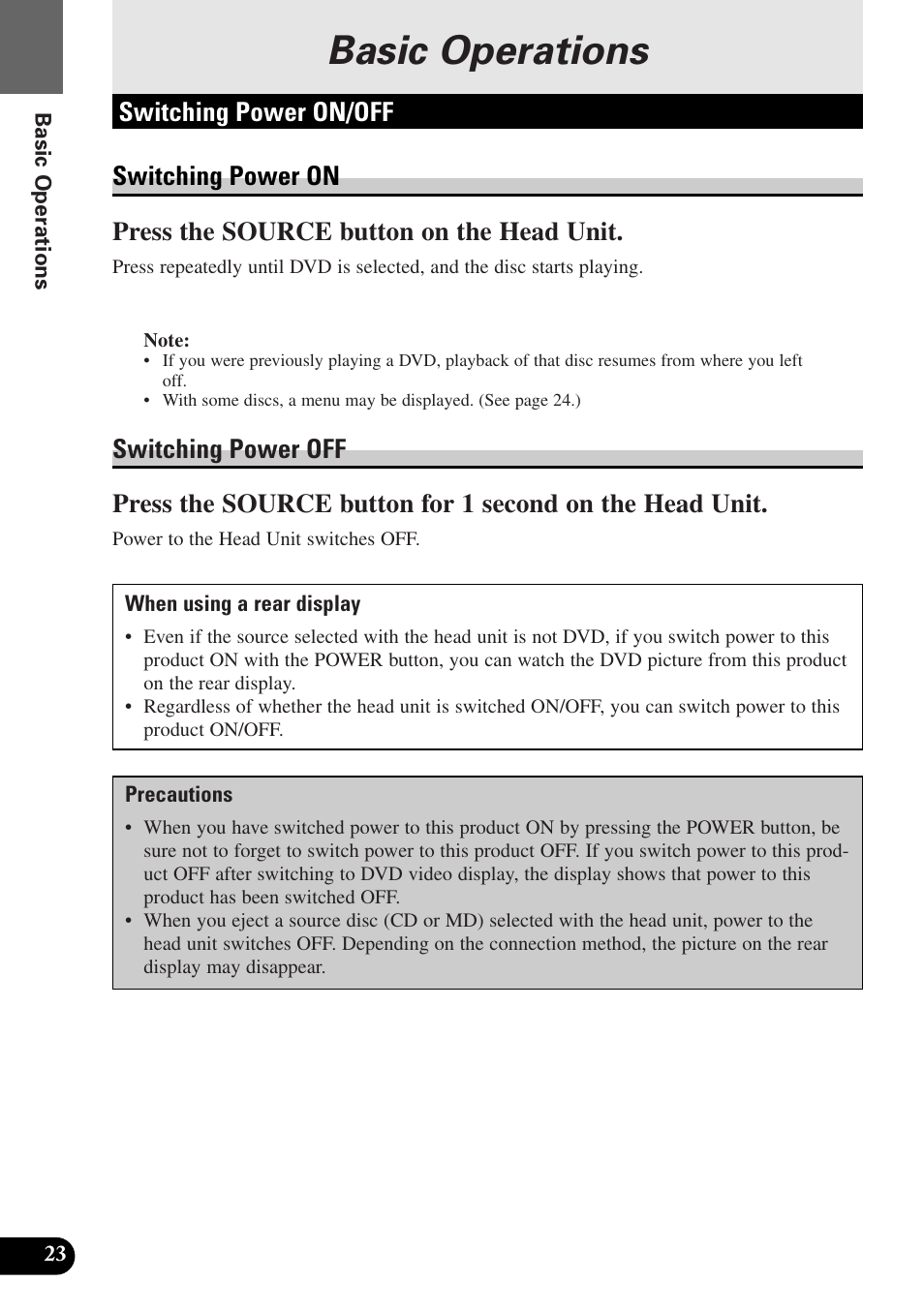 Basic operations, Switching power on/off, Switching power on | Switching power off | Pioneer AVX-P7300DVD User Manual | Page 28 / 80