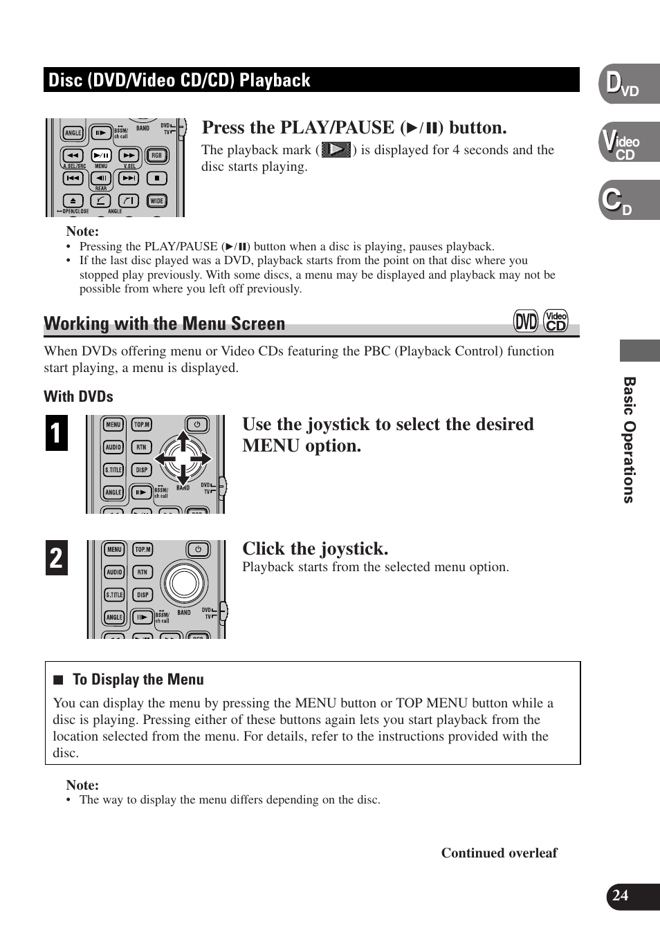 Disc (dvd/video cd/cd) playback, Working with the menu screen, 24 basic operations | With dvds, 7 to display the menu, Ideo cd d, Playback starts from the selected menu option, Continued overleaf | Pioneer AVX-P7300DVD User Manual | Page 29 / 80