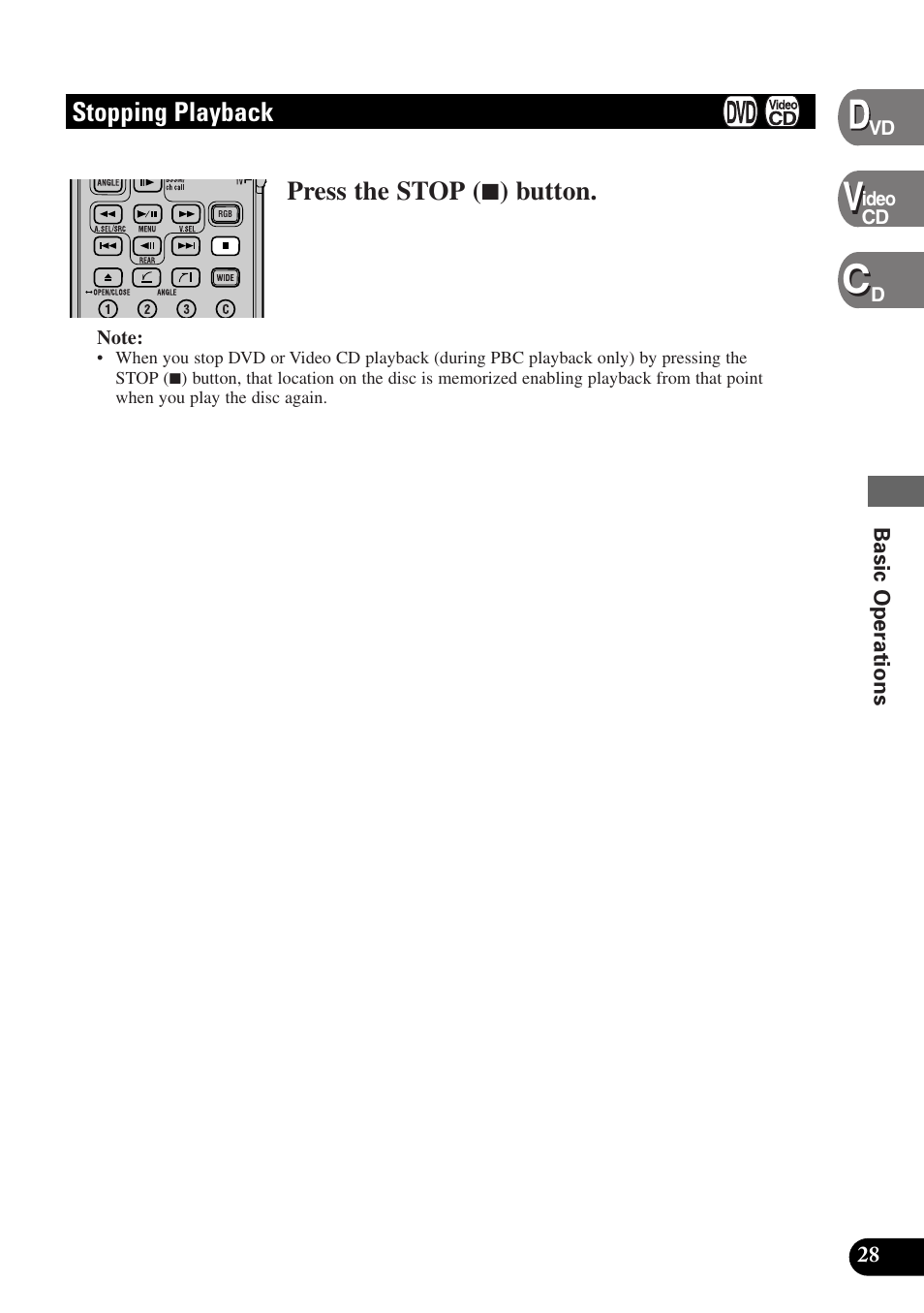 Stopping playback, Stopping playback press the stop ( 7 ) button, 28 basic operations | Continued overleaf | Pioneer AVX-P7300DVD User Manual | Page 33 / 80