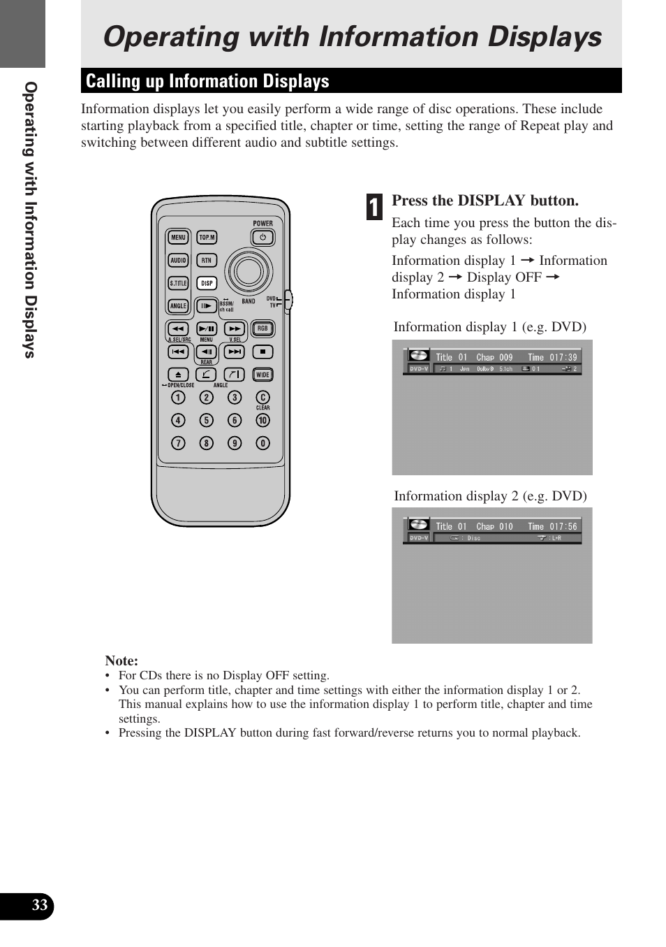 Operating with, Information displays, Calling up information displays | 33 press the display button, Operating with information displays | Pioneer AVX-P7300DVD User Manual | Page 38 / 80