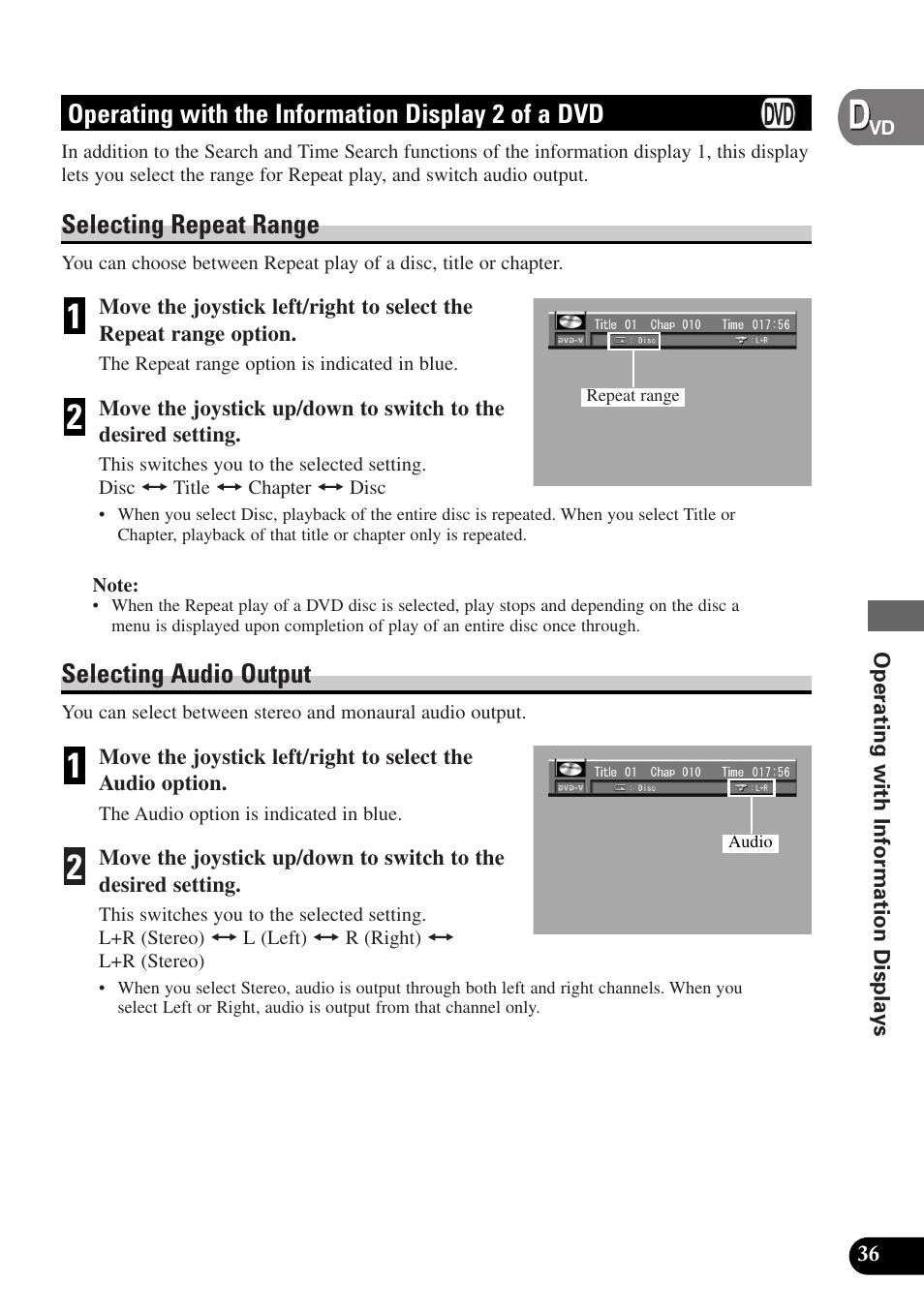 Operating with the information, Display 2 of a dvd, Selecting repeat range | Selecting audio output, Operating with the information display 2 of a dvd | Pioneer AVX-P7300DVD User Manual | Page 41 / 80