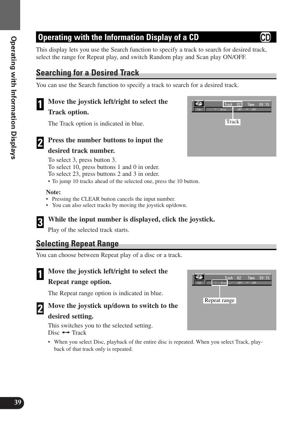 Operating with the information, Display of a cd, Searching for a desired track | Selecting repeat range, Operating with the information display of a cd | Pioneer AVX-P7300DVD User Manual | Page 44 / 80