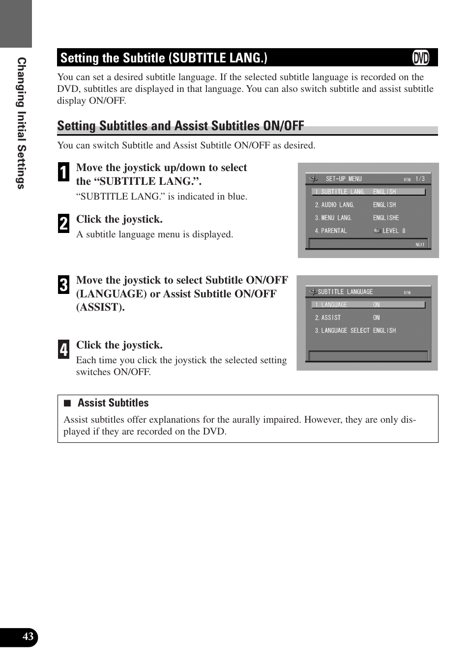 Setting the subtitle, Subtitle lang.), Setting subtitles and assist subtitles on/off | Pioneer AVX-P7300DVD User Manual | Page 48 / 80