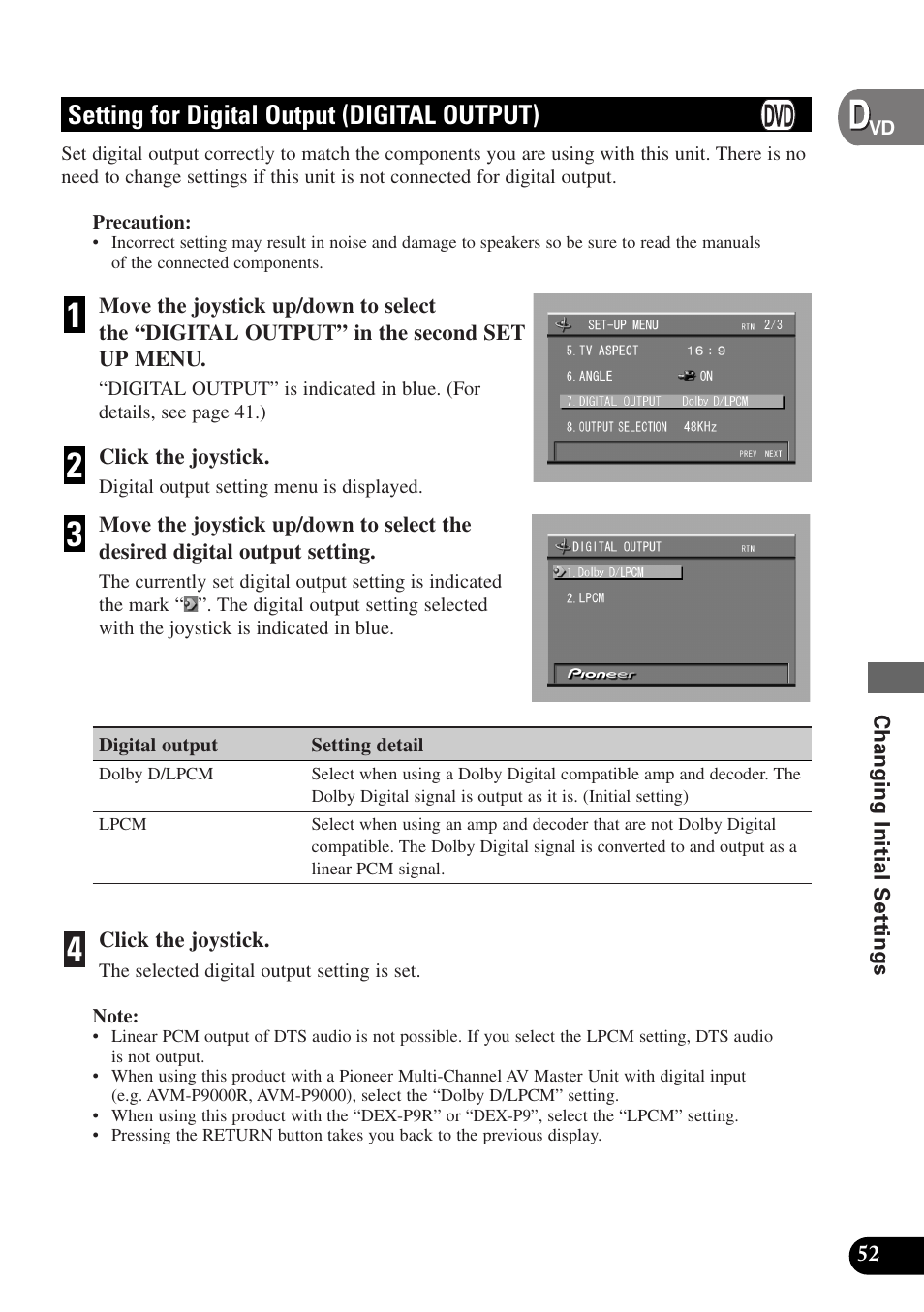 Setting for digital output, Digital output), Setting for digital output (digital output) | Pioneer AVX-P7300DVD User Manual | Page 57 / 80