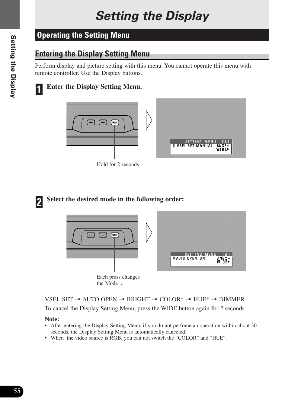 Setting the display, Operating the setting menu, Entering the display setting menu | Pioneer AVX-P7300DVD User Manual | Page 60 / 80