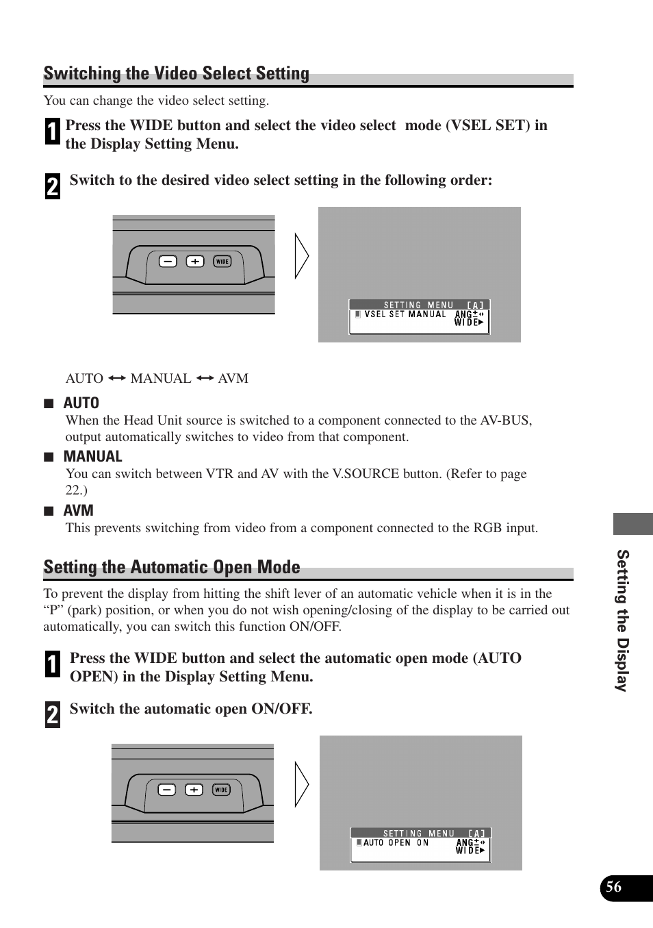 Switching the video select setting, Setting the automatic open mode | Pioneer AVX-P7300DVD User Manual | Page 61 / 80
