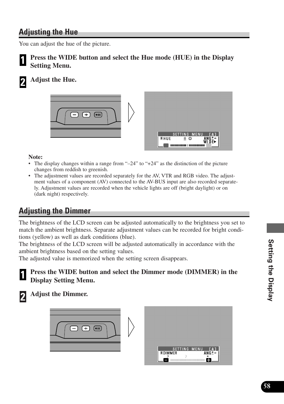Adjusting the hue, Adjusting the dimmer | Pioneer AVX-P7300DVD User Manual | Page 63 / 80