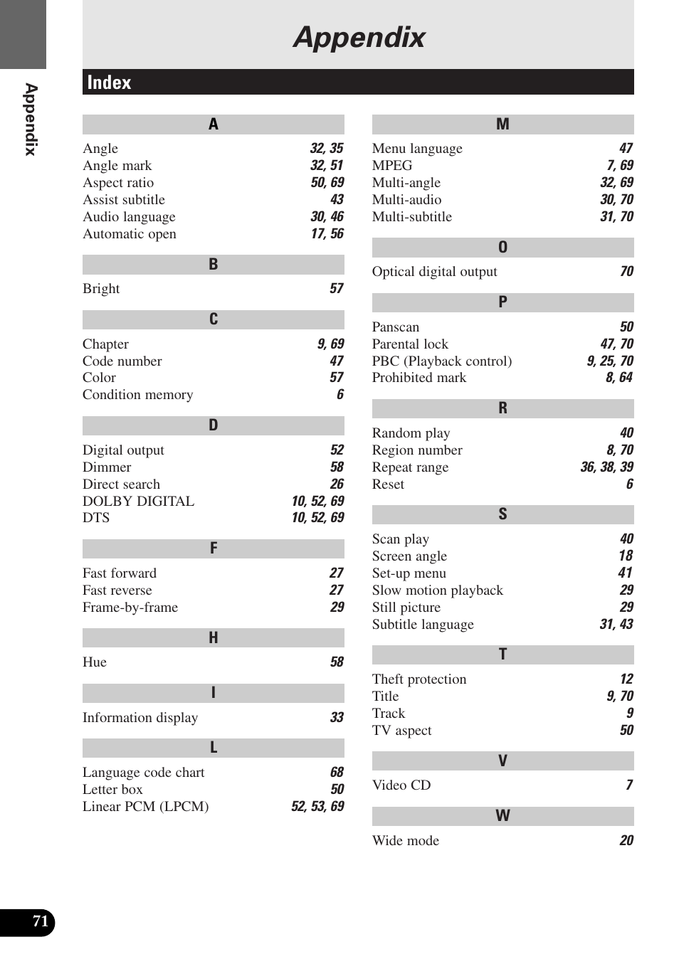 Appendix, Index | Pioneer AVX-P7300DVD User Manual | Page 76 / 80