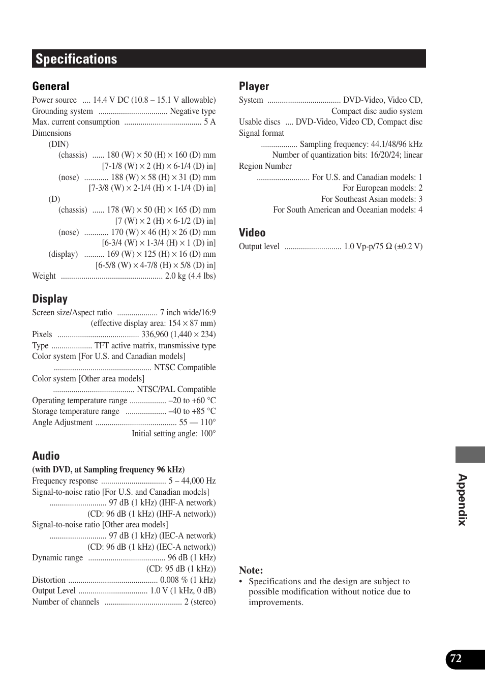 Specifications | Pioneer AVX-P7300DVD User Manual | Page 77 / 80
