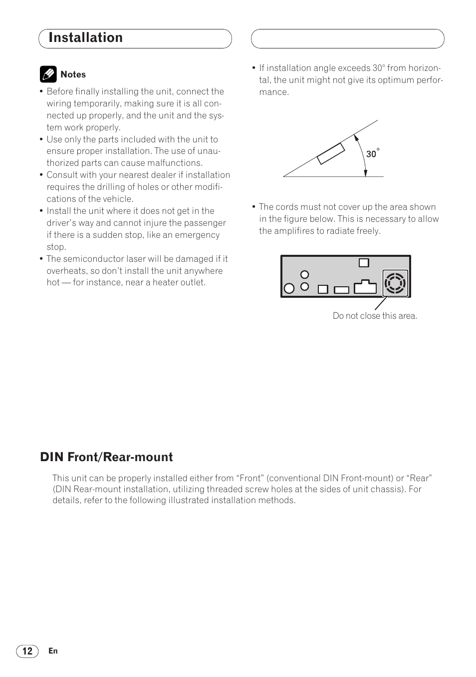 Din front/rear-mont 12 din front-mont 13, Installation, Din front/rear-mount | Pioneer DVH-P5000MP User Manual | Page 12 / 88