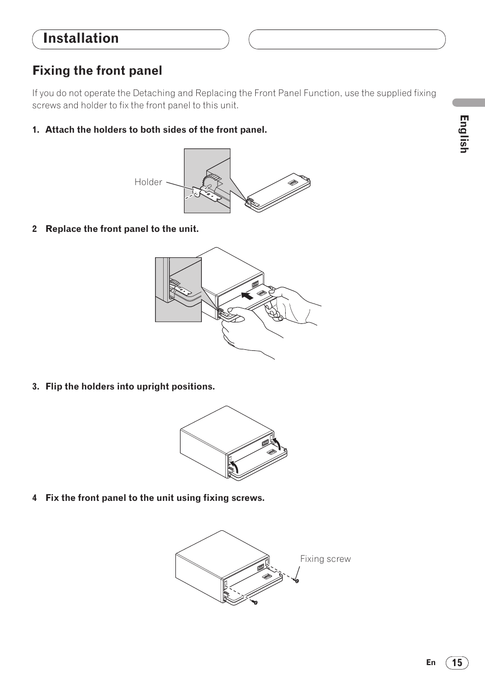 Installation, Fixing the front panel | Pioneer DVH-P5000MP User Manual | Page 15 / 88