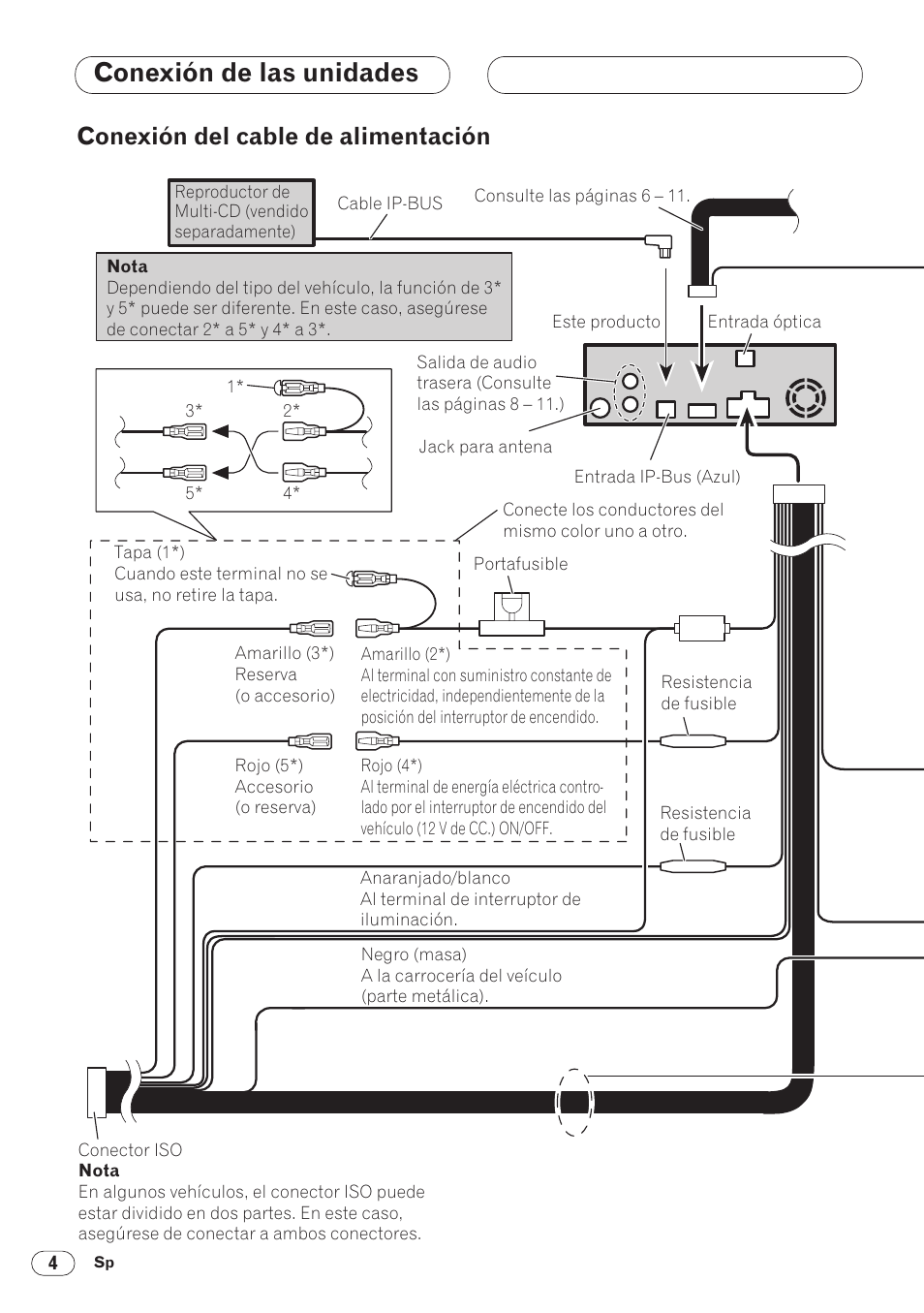 Conexión del cable de alimentación 4, Conexión de las unidades, Conexión del cable de alimentación | Pioneer DVH-P5000MP User Manual | Page 18 / 88
