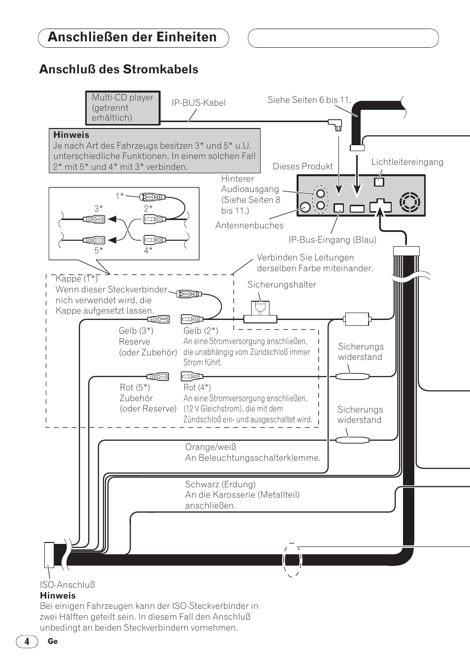 Anschluß des stromkabels 4, Anschließen der einheiten, Anschluß des stromkabels | Pioneer DVH-P5000MP User Manual | Page 32 / 88