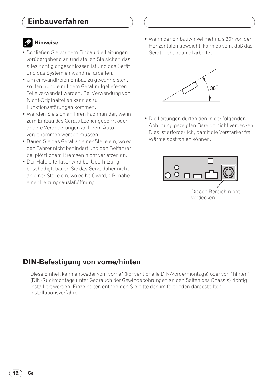 Bei gebrauch eines am hinteren video, Ausgang angeschlossenen displays 11, Einbauverfahren | Din-befestigung von vorne/hinten | Pioneer DVH-P5000MP User Manual | Page 40 / 88