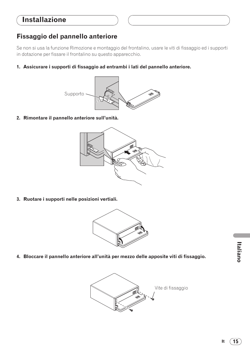 Installazione, Fissaggio del pannello anteriore | Pioneer DVH-P5000MP User Manual | Page 71 / 88