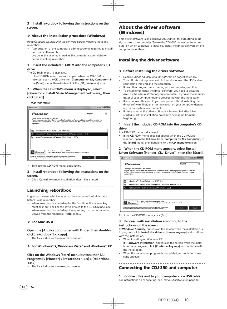 About the driver software (windows), Drb1508-c, Launching rekordbox | Installing the driver software, Connecting the cdj-350 and computer | Pioneer CDJ-350 User Manual | Page 10 / 84