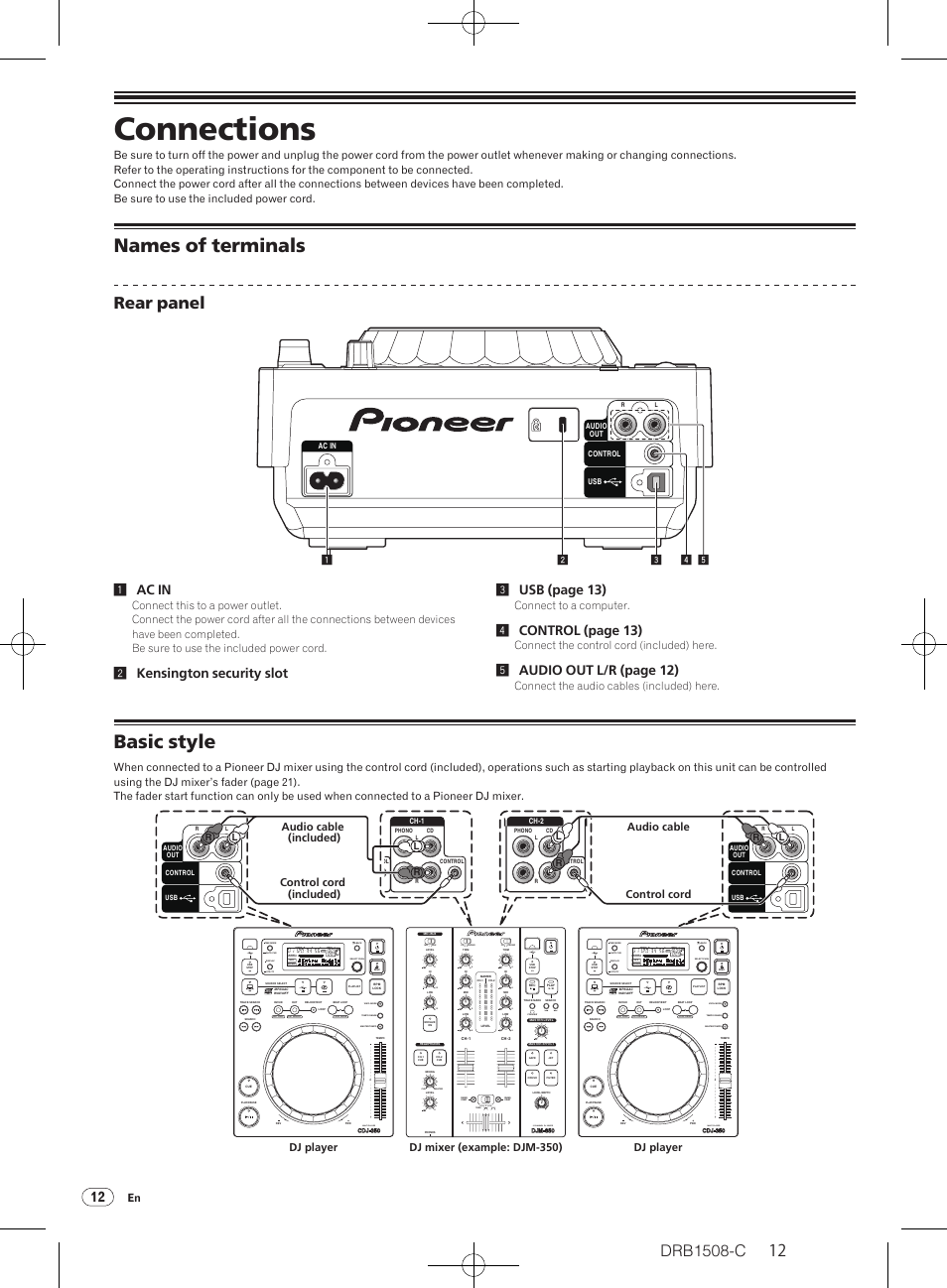 Connections, Names of terminals basic style, Names of terminals | Basic style, Drb1508-c, Rear panel, Multi player, 1ac in, 2kensington security slot 3 usb (page 13), 4control (page 13) | Pioneer CDJ-350 User Manual | Page 12 / 84