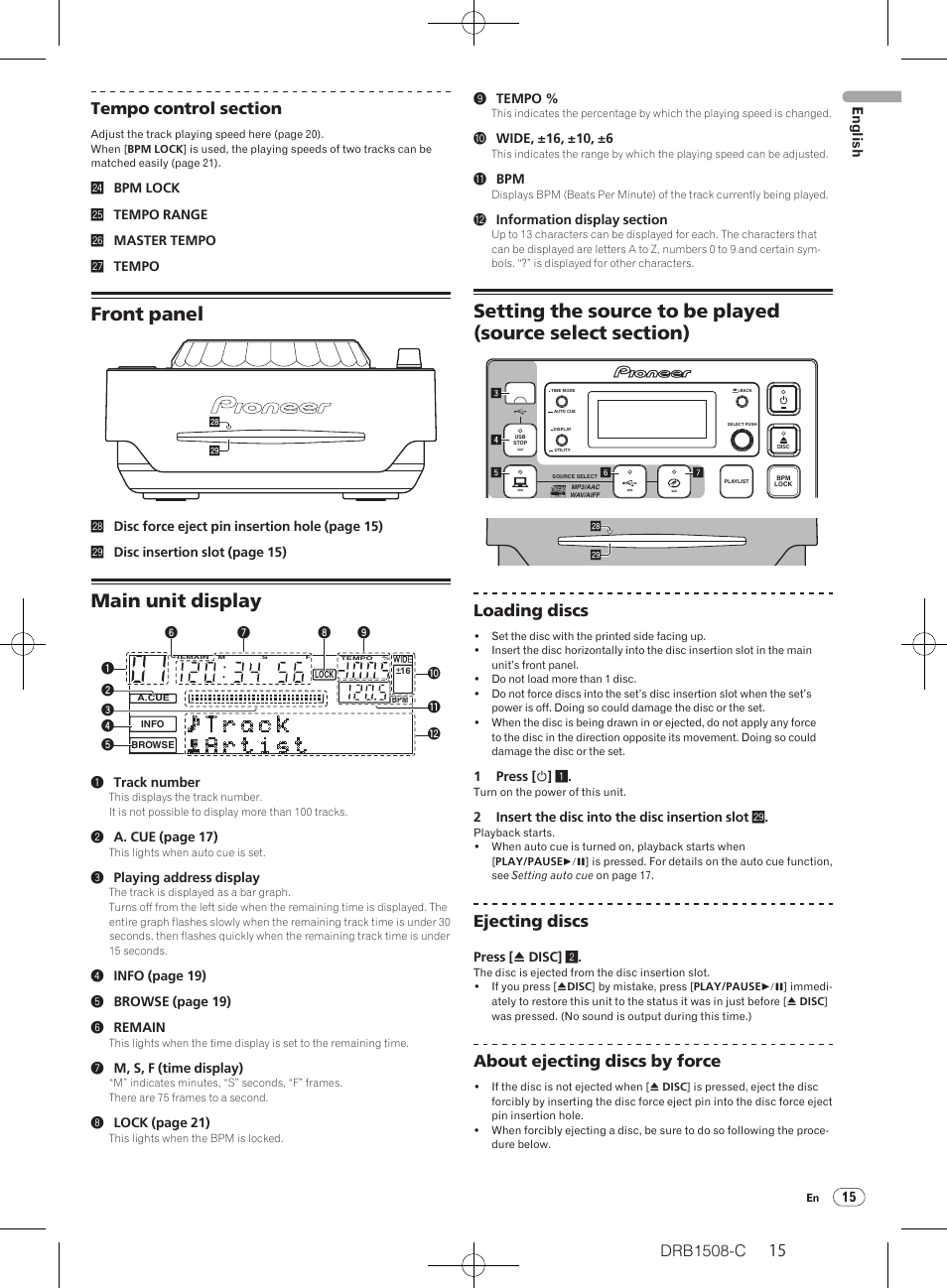 Front panel, Main unit display, Drb1508-c | Loading discs, Ejecting discs, About ejecting discs by force | Pioneer CDJ-350 User Manual | Page 15 / 84
