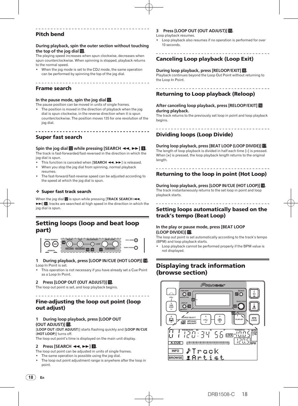 Setting loops (loop and beat loop part), Drb1508-c, 18 pitch bend | Frame search, Super fast search, Canceling loop playback (loop exit), Returning to loop playback (reloop), Dividing loops (loop divide), Returning to the loop in point (hot loop) | Pioneer CDJ-350 User Manual | Page 18 / 84
