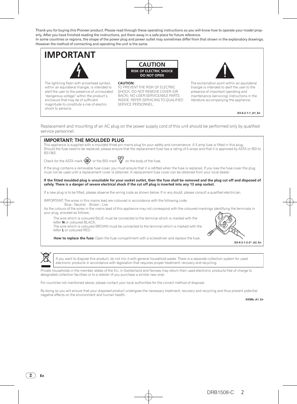 Important, Caution, Drb1508-c | Important: the moulded plug | Pioneer CDJ-350 User Manual | Page 2 / 84