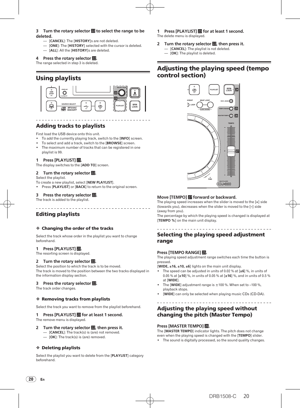 Using playlists, Drb1508-c, Adding tracks to playlists | Editing playlists, Selecting the playing speed adjustment range | Pioneer CDJ-350 User Manual | Page 20 / 84