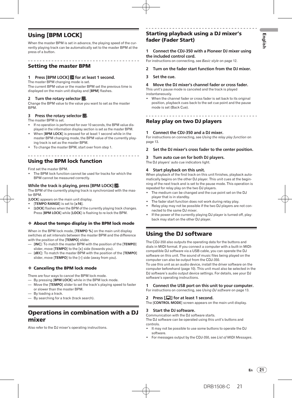 Using [bpm lock, Operations in combination with a dj mixer, Using the dj software | Pioneer CDJ-350 User Manual | Page 21 / 84