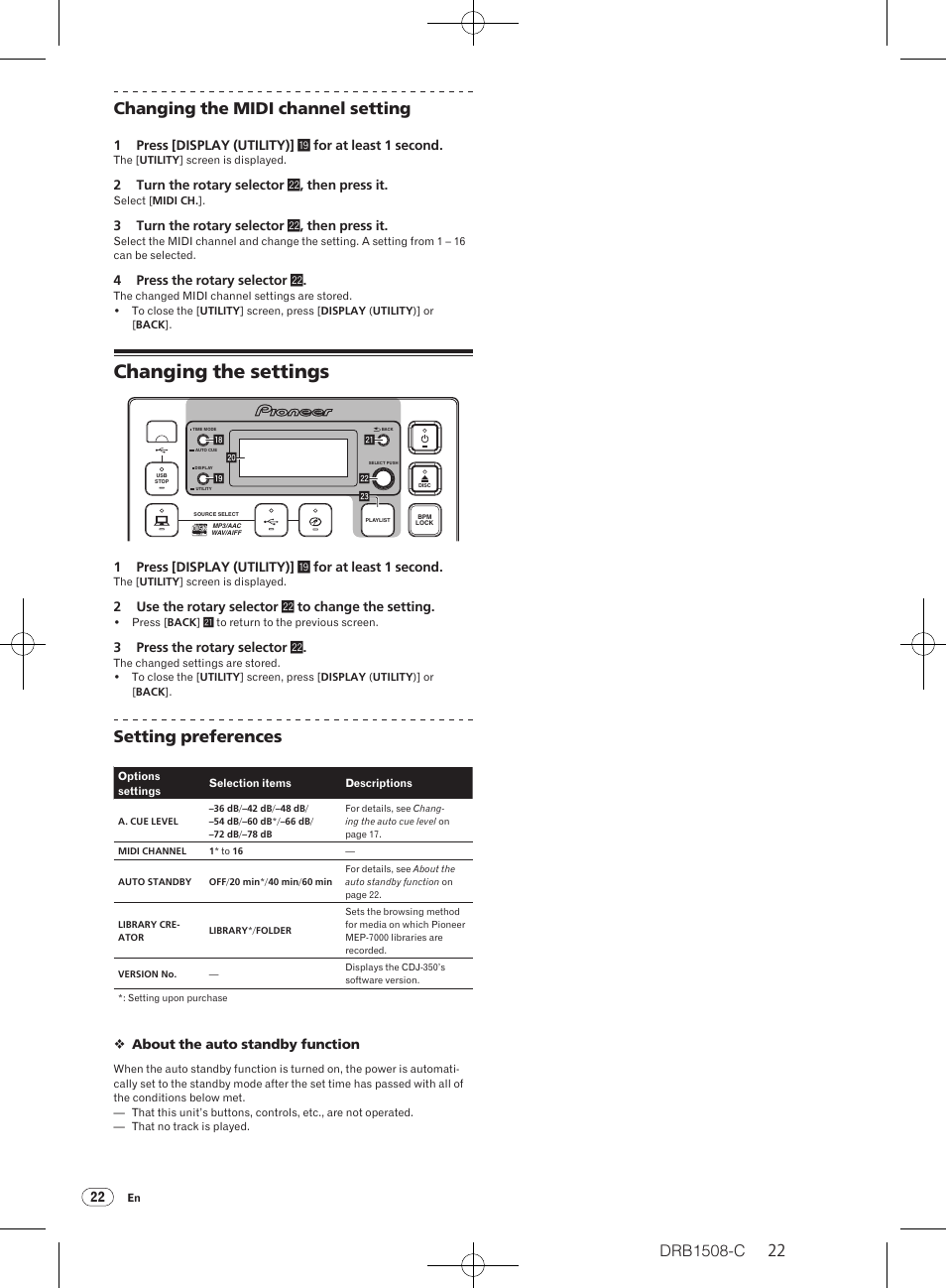 Changing the settings, Drb1508-c, 22 changing the midi channel setting | Setting preferences | Pioneer CDJ-350 User Manual | Page 22 / 84