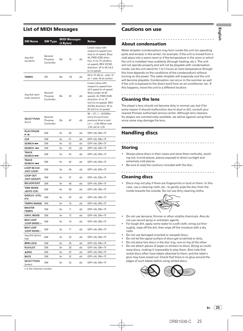 List of midi messages, Cautions on use, Handling discs | Drb1508-c, About condensation, Cleaning the lens, Storing, Cleaning discs, 25 english | Pioneer CDJ-350 User Manual | Page 25 / 84