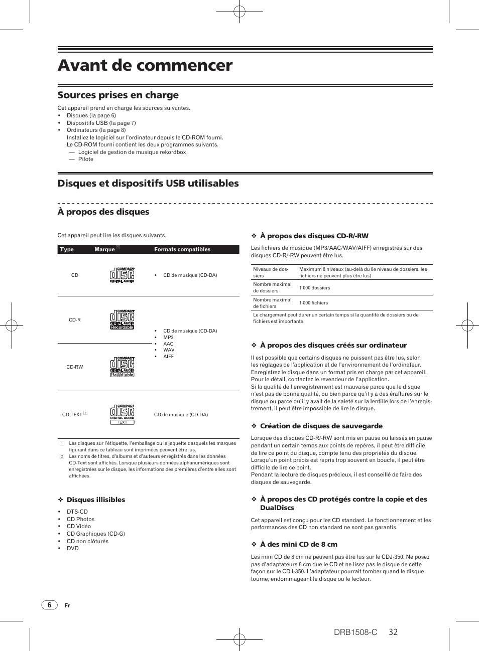 Avant de commencer, Sources prises en charge, Disques et dispositifs usb utilisables | Drb1508-c, À propos des disques | Pioneer CDJ-350 User Manual | Page 32 / 84