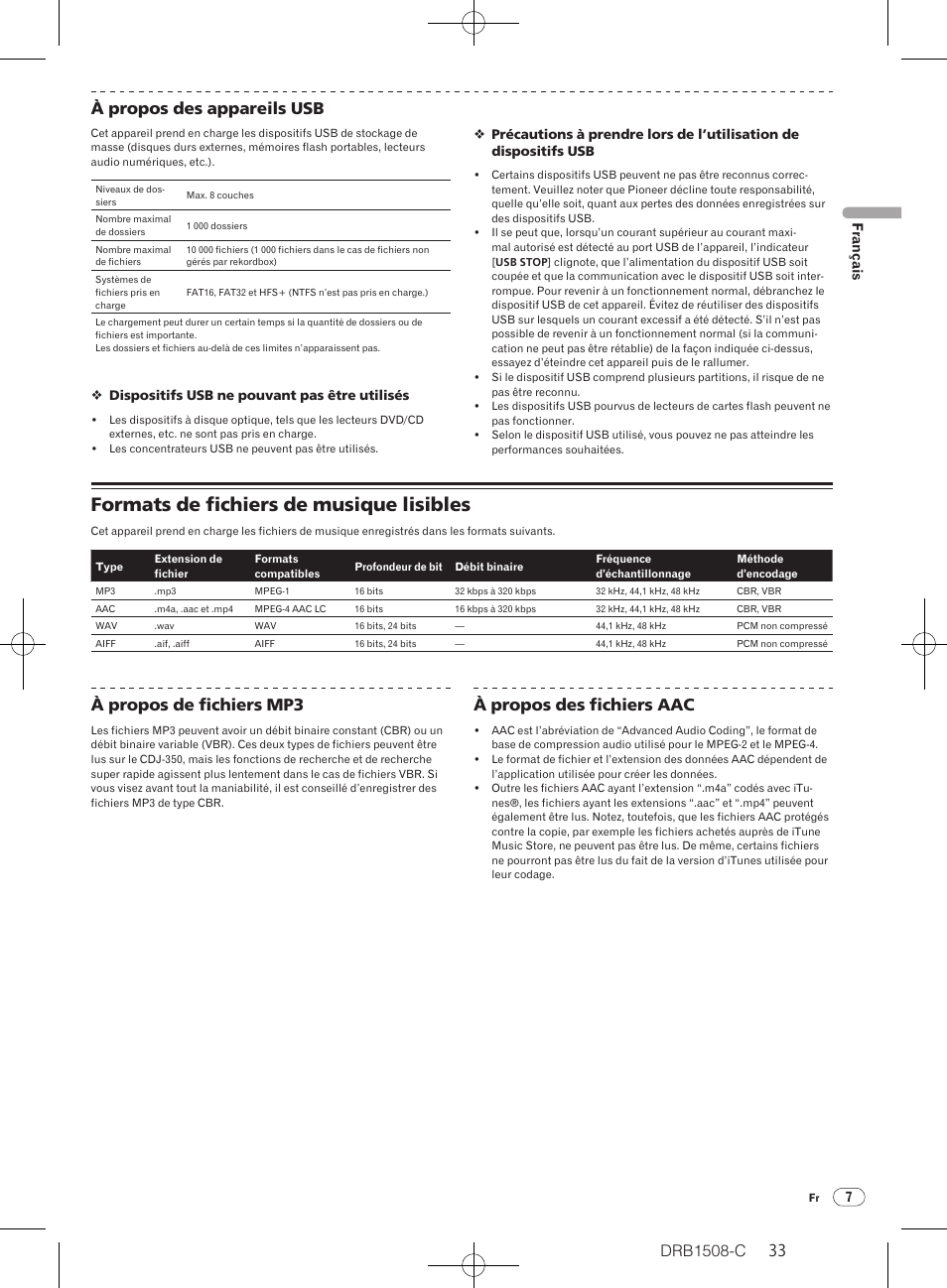 Formats de fichiers de musique lisibles, Drb1508-c, 33 32 à propos des appareils usb | À propos de fichiers mp3, À propos des fichiers aac | Pioneer CDJ-350 User Manual | Page 33 / 84