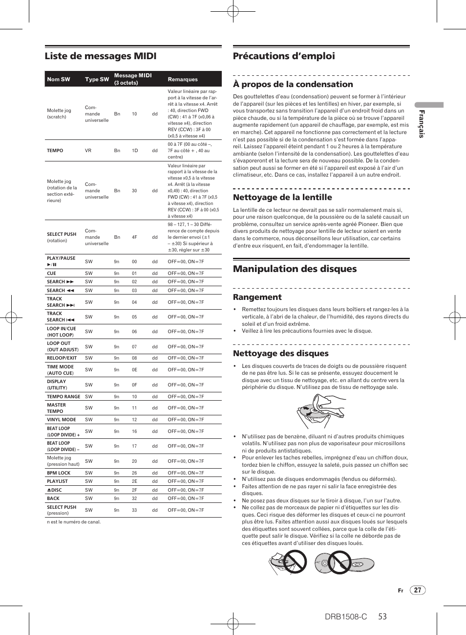 Liste de messages midi, Précautions d’emploi, Manipulation des disques | Drb1508-c, À propos de la condensation, Nettoyage de la lentille, Rangement, Nettoyage des disques, 27 français | Pioneer CDJ-350 User Manual | Page 53 / 84