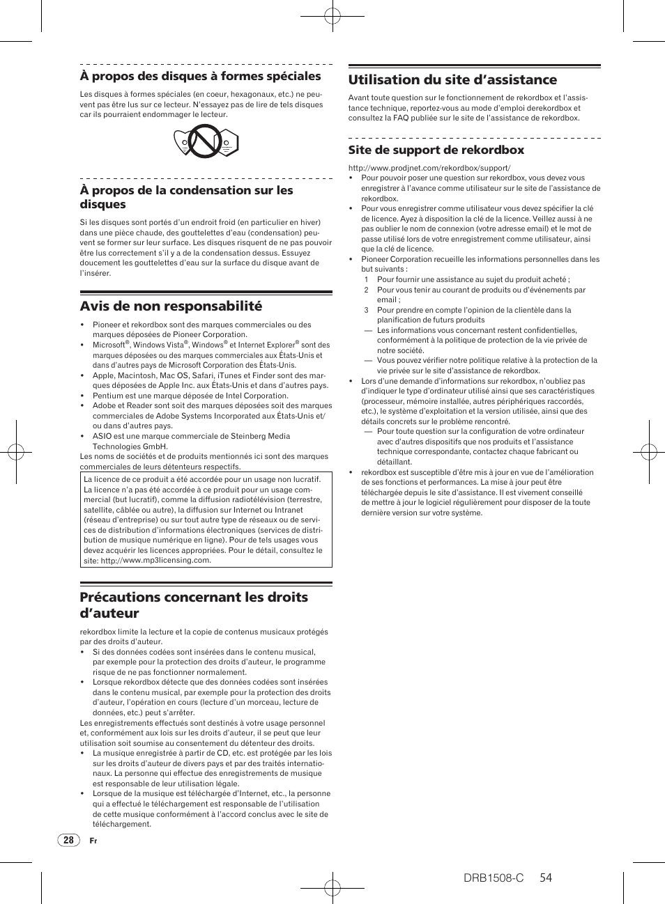 Avis de non responsabilité, Précautions concernant les droits d’auteur, Utilisation du site d’assistance | Drb1508-c, 54 à propos des disques à formes spéciales, À propos de la condensation sur les disques, Site de support de rekordbox | Pioneer CDJ-350 User Manual | Page 54 / 84