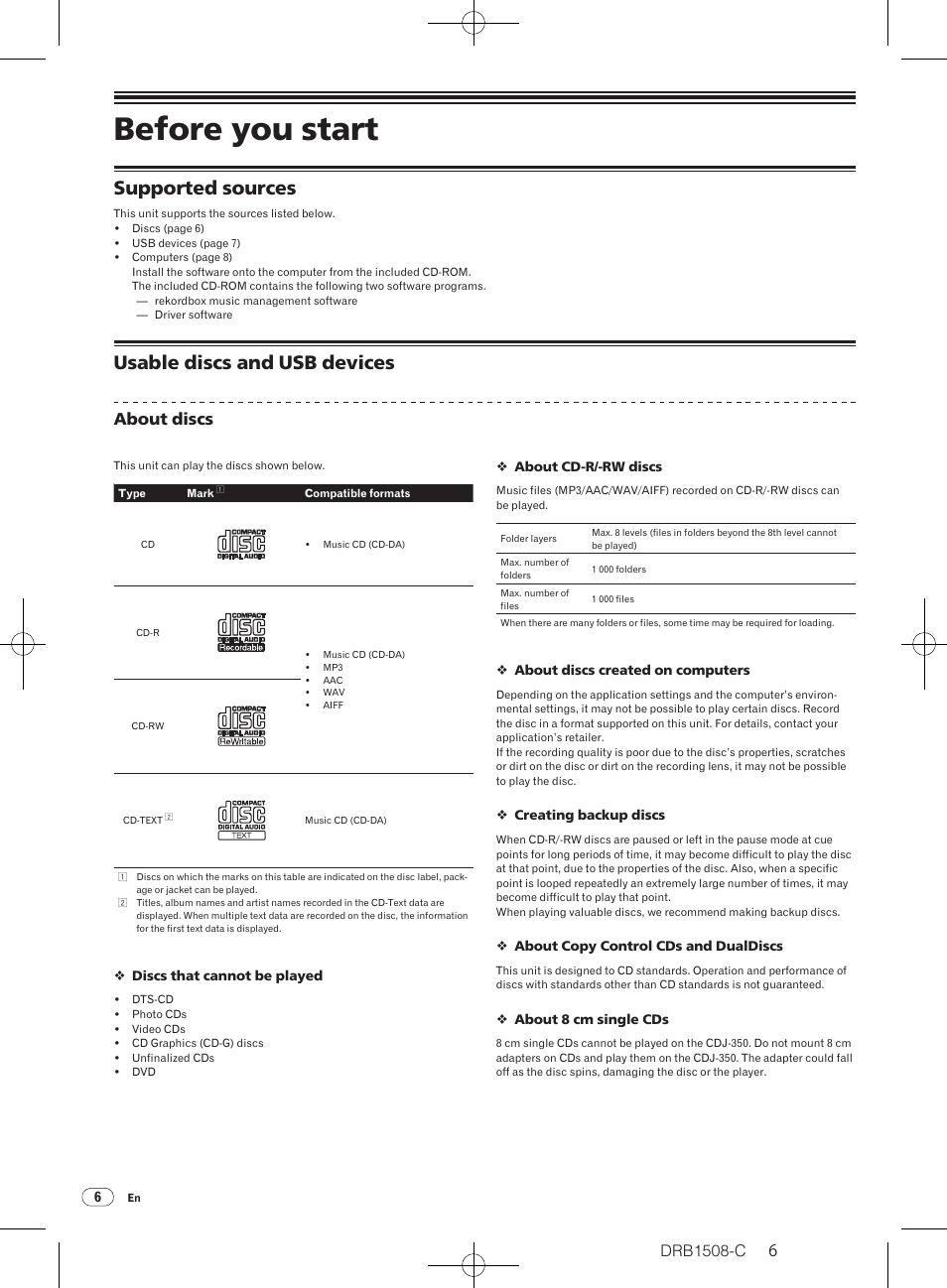 Before you start, Supported sources usable discs and usb devices, Supported sources | Usable discs and usb devices, Drb1508-c, About discs | Pioneer CDJ-350 User Manual | Page 6 / 84