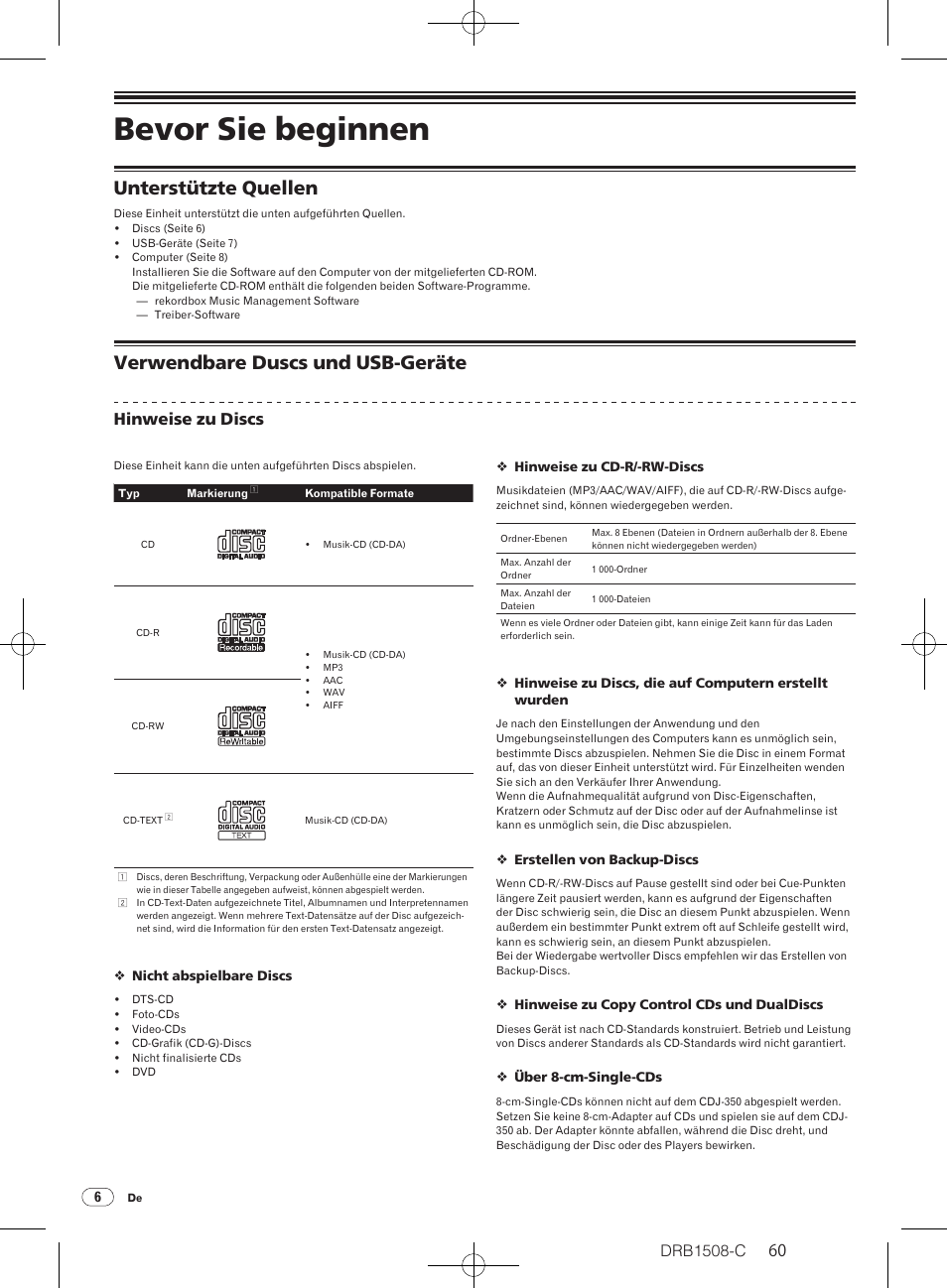 Bevor sie beginnen, Unterstützte quellen, Verwendbare duscs und usb-geräte | Drb1508-c, Hinweise zu discs | Pioneer CDJ-350 User Manual | Page 60 / 84