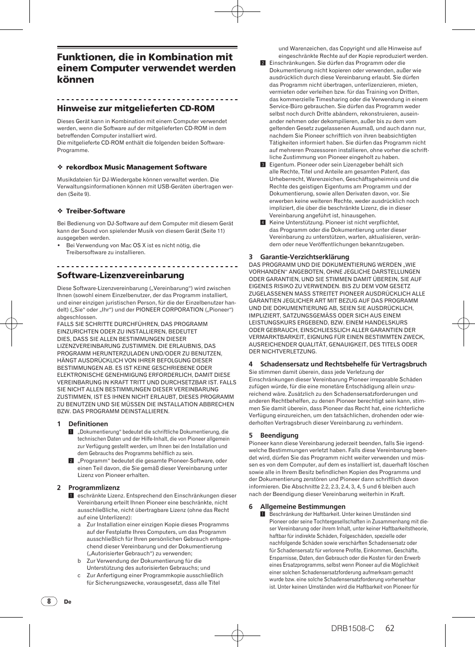 Drb1508-c, Hinweise zur mitgelieferten cd-rom, Software-lizenzvereinbarung | Pioneer CDJ-350 User Manual | Page 62 / 84