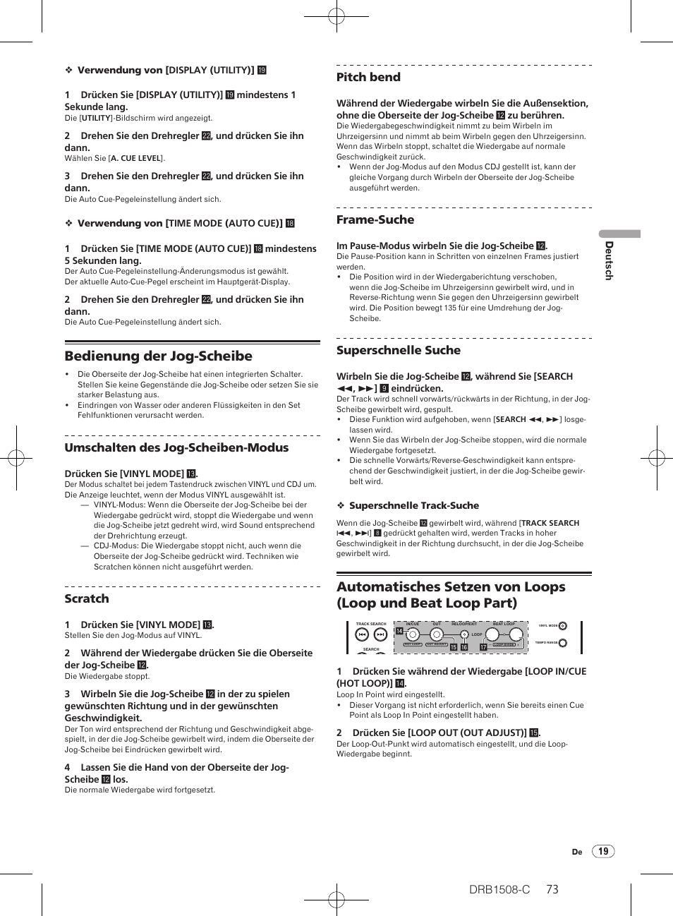 Bedienung der jog-scheibe, Drb1508-c, Umschalten des jog-scheiben-modus | Scratch, Pitch bend, Frame-suche, Superschnelle suche | Pioneer CDJ-350 User Manual | Page 73 / 84