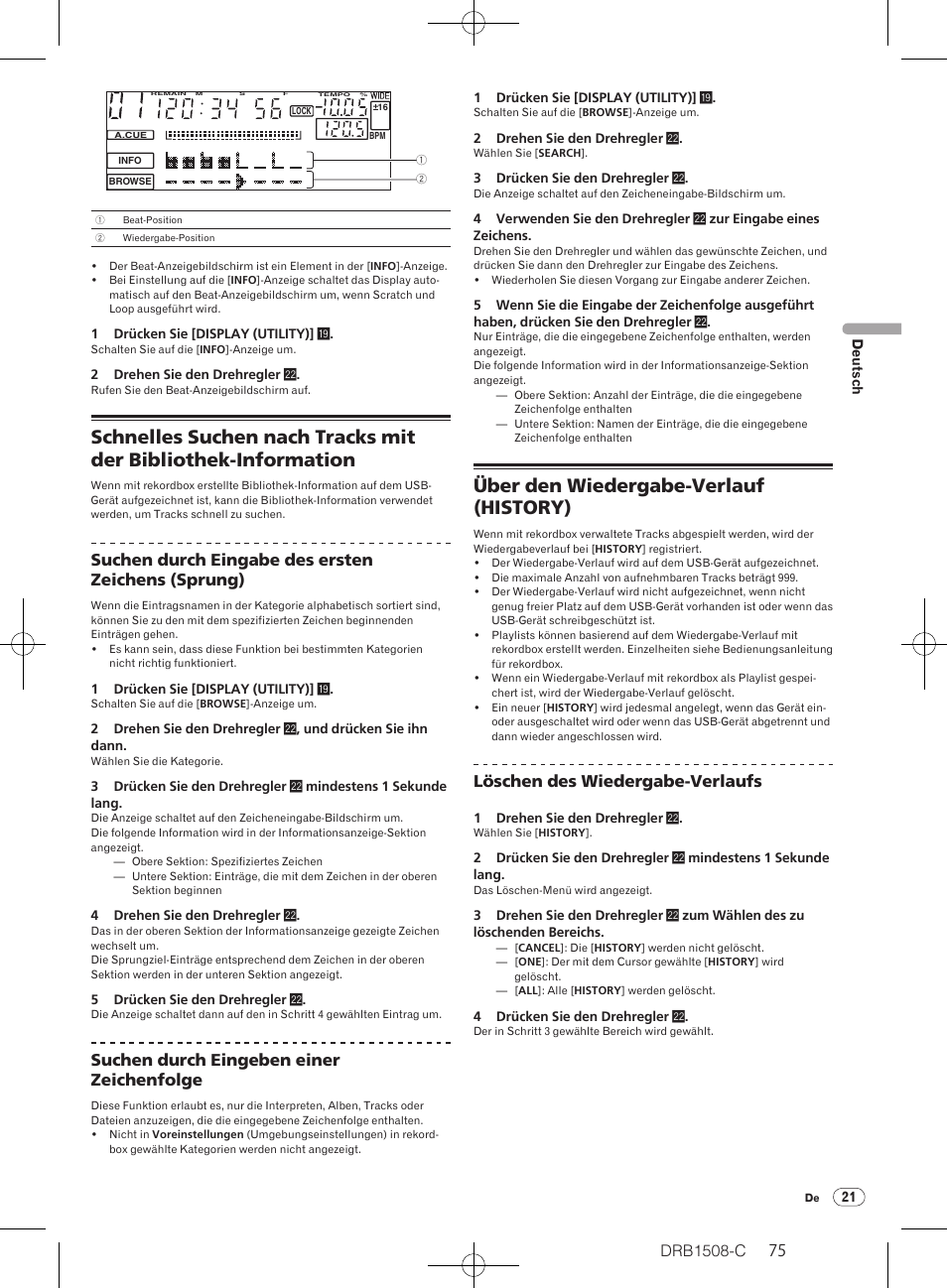Über den wiedergabe-verlauf (history), Drb1508-c, Suchen durch eingabe des ersten zeichens (sprung) | Suchen durch eingeben einer zeichenfolge, Löschen des wiedergabe-verlaufs | Pioneer CDJ-350 User Manual | Page 75 / 84