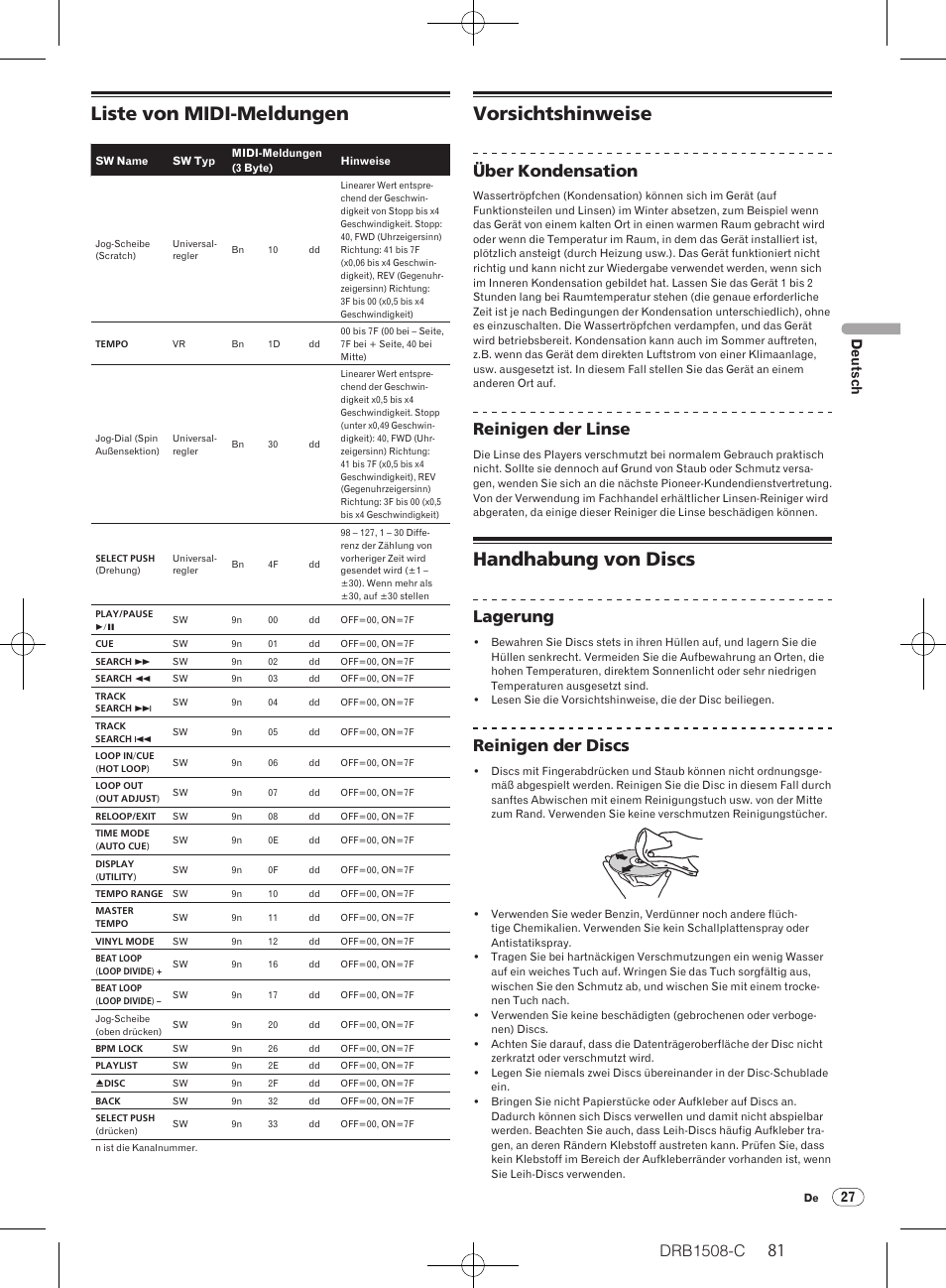 Liste von midi-meldungen, Vorsichtshinweise, Handhabung von discs | Drb1508-c, Über kondensation, Reinigen der linse, Lagerung, Reinigen der discs, 27 deutsch | Pioneer CDJ-350 User Manual | Page 81 / 84