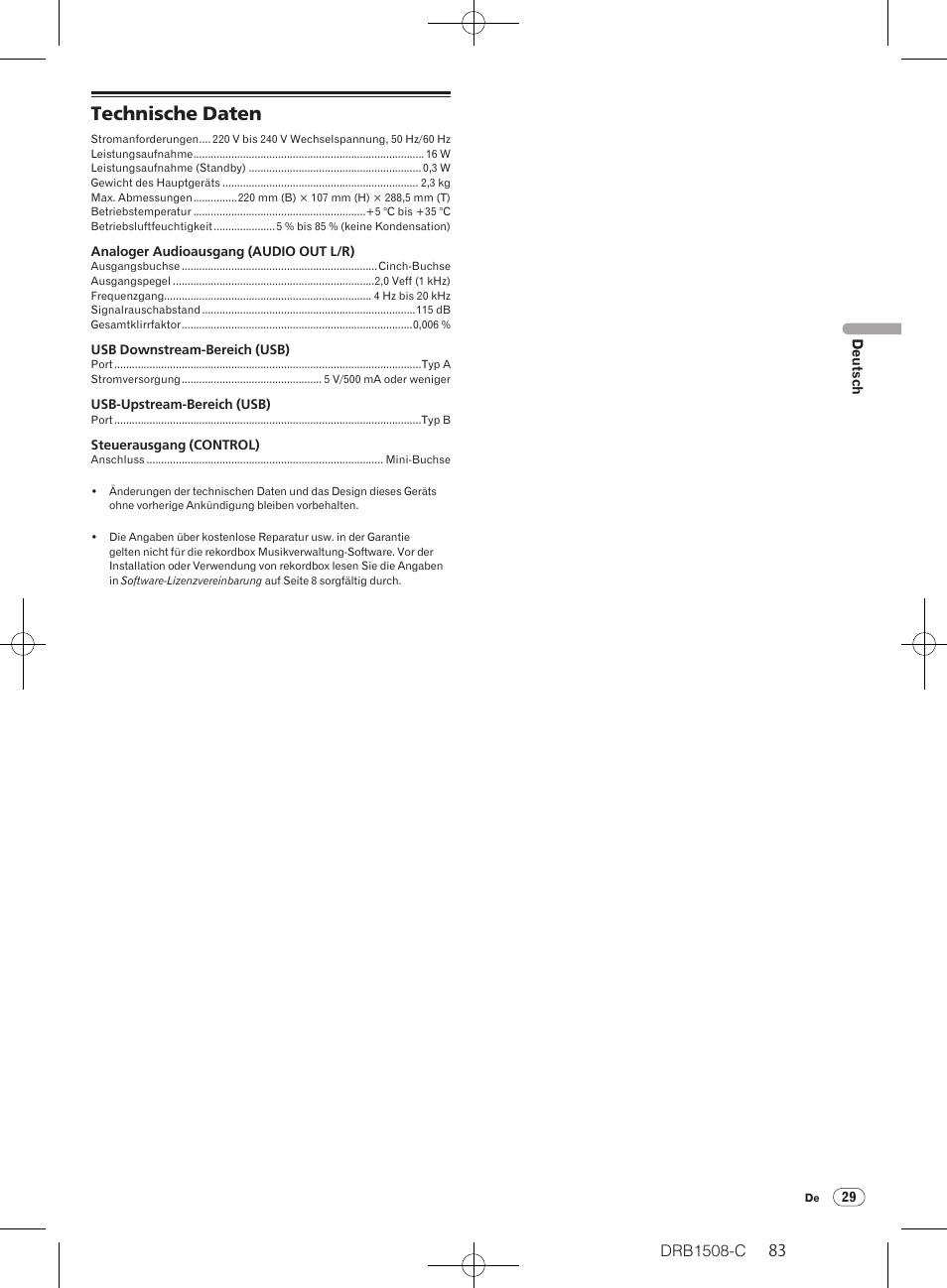 Technische daten | Pioneer CDJ-350 User Manual | Page 83 / 84