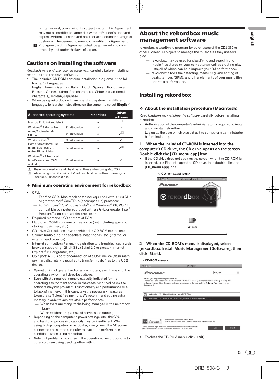 About the rekordbox music management software, Drb1508-c, Cautions on installing the software | Installing rekordbox | Pioneer CDJ-350 User Manual | Page 9 / 84