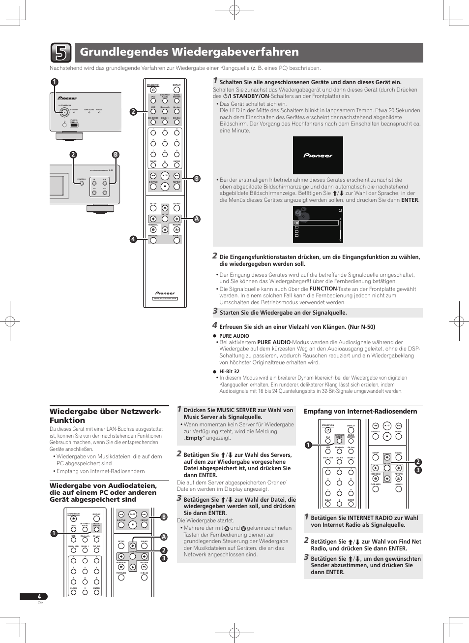 Grundlegendes wiedergabeverfahren, Wiedergabe über netzwerk- funktion, Empfang von internet-radiosendern | Starten sie die wiedergabe an der signalquelle, 24 a b | Pioneer N-30-K User Manual | Page 30 / 32