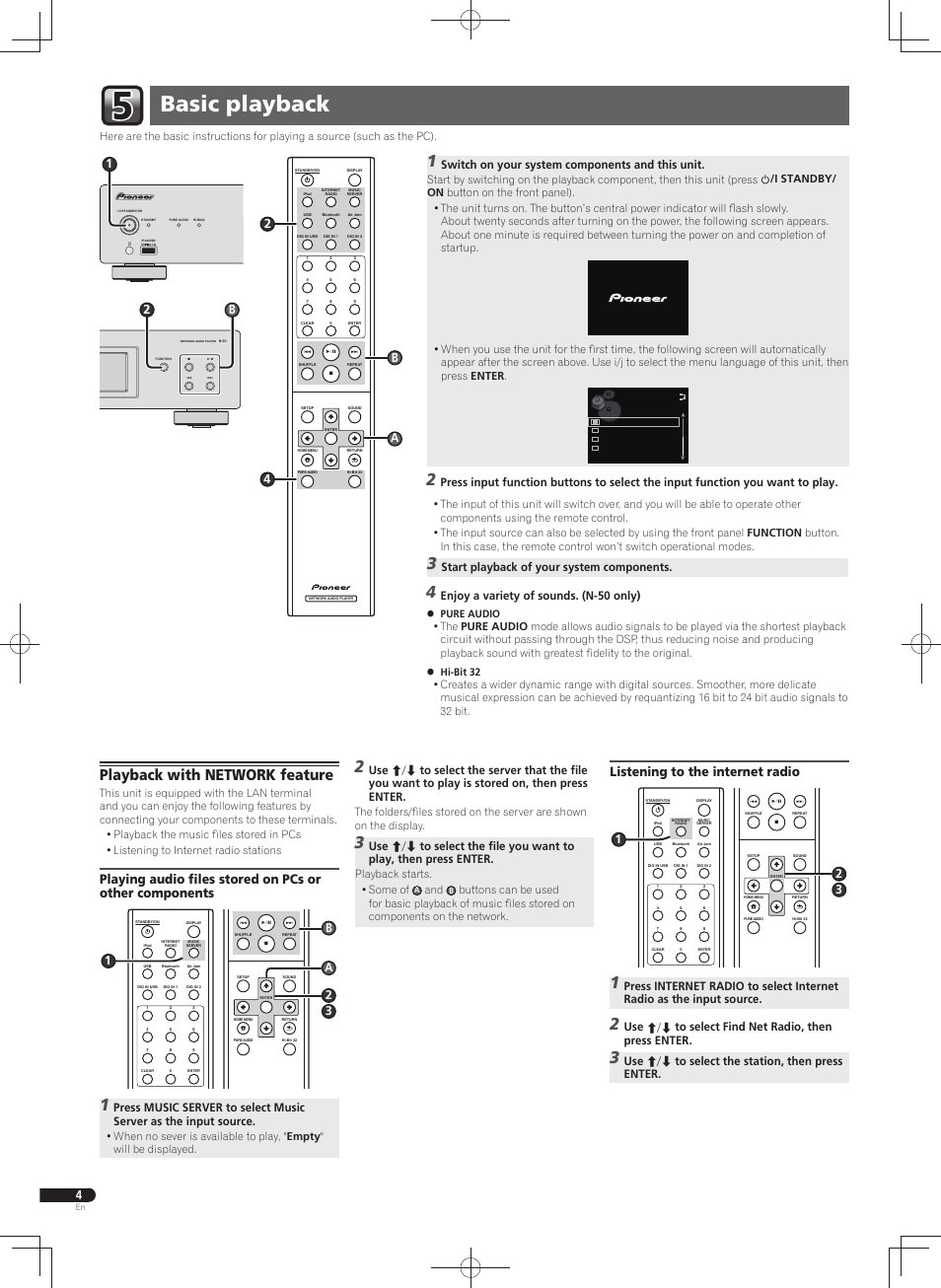 Basic playback, Playback with network feature, Listening to the internet radio | Switch on your system components and this unit, Start playback of your system components, Enjoy a variety of sounds. (n-50 only), 24 a b, Use to select find net radio, then press enter, Use to select the station, then press enter, Playback starts. • some of | Pioneer N-30-K User Manual | Page 4 / 32